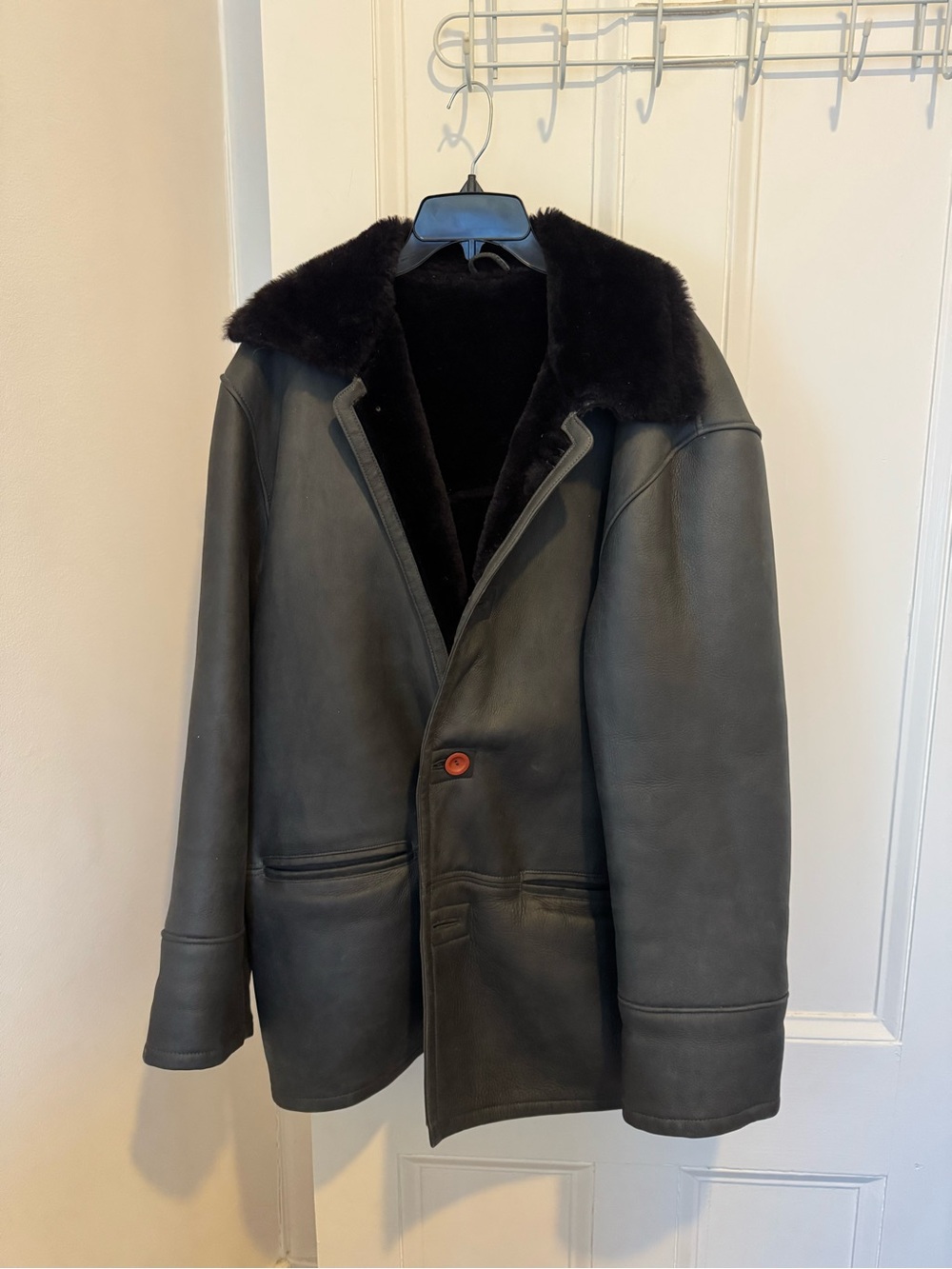 Kuzu Paris Vintage Black Shearling-Trim Leather Pea Coat Size L